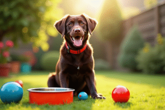 Labrador chocolat heureux dans un jardin ensoleille