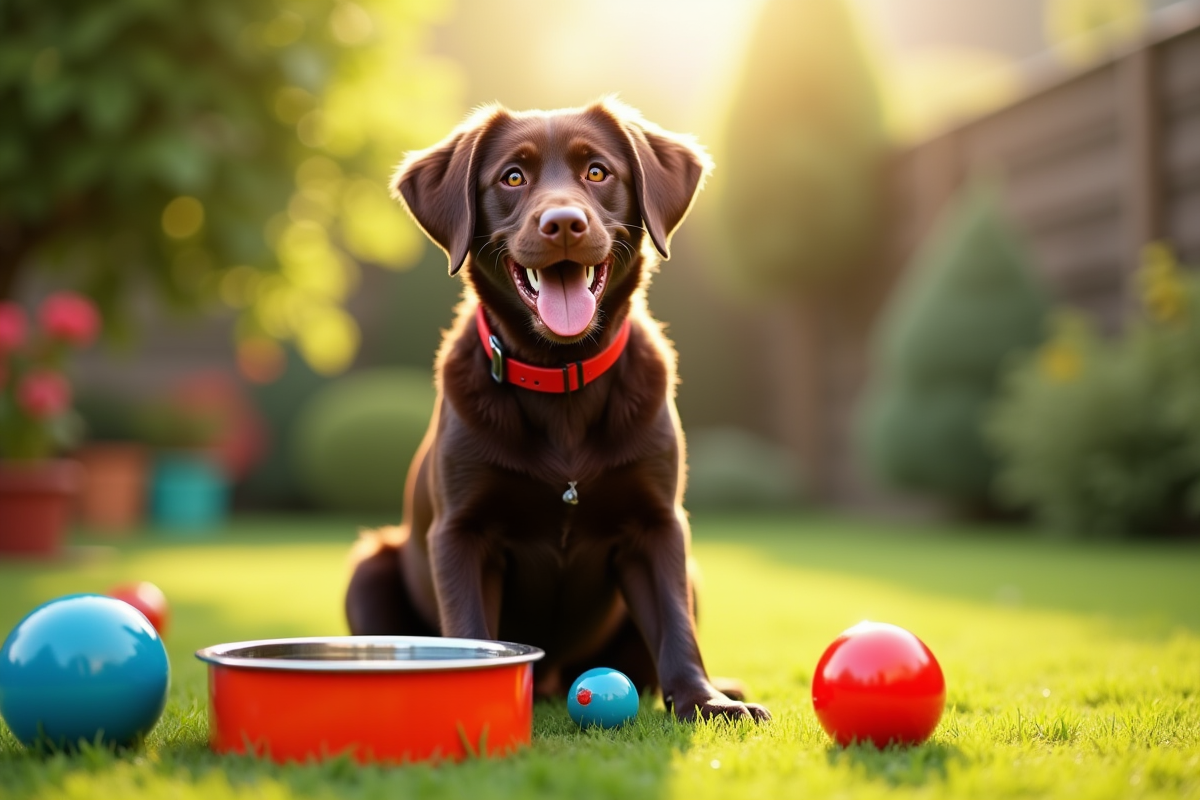 Labrador chocolat heureux dans un jardin ensoleille