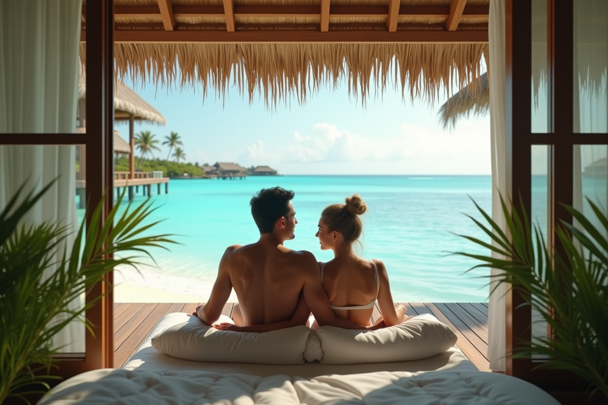 Couple se relaxant dans un bungalow sur l