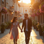 Couple souriant marchant dans une rue pittoresque en Europe