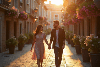 Couple souriant marchant dans une rue pittoresque en Europe