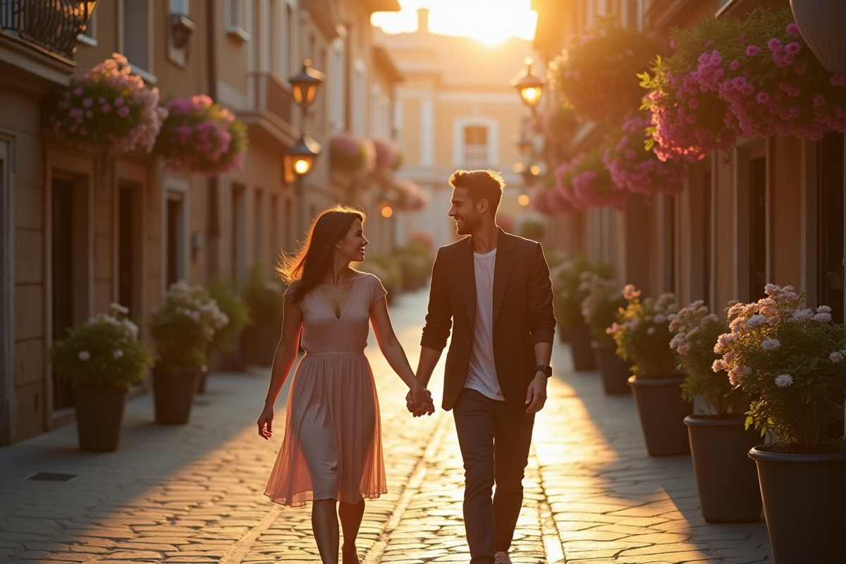 Couple souriant marchant dans une rue pittoresque en Europe