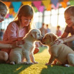 Enfants caressant des chiots lors d'un salon canin intérieur