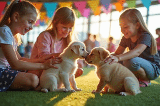 Enfants caressant des chiots lors d'un salon canin intérieur