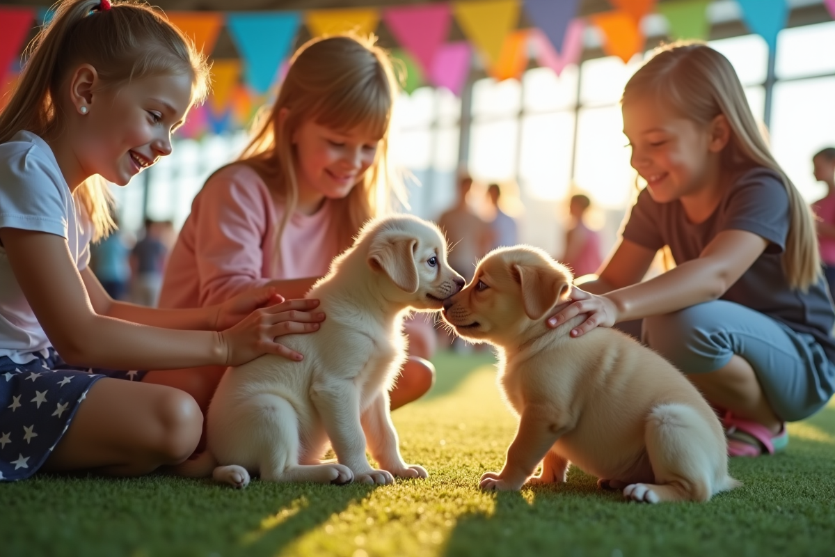 Enfants caressant des chiots lors d'un salon canin intérieur
