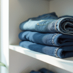 Jeans pliés sur une étagère en bois blanc avec lumière naturelle