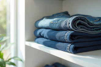Jeans pliés sur une étagère en bois blanc avec lumière naturelle