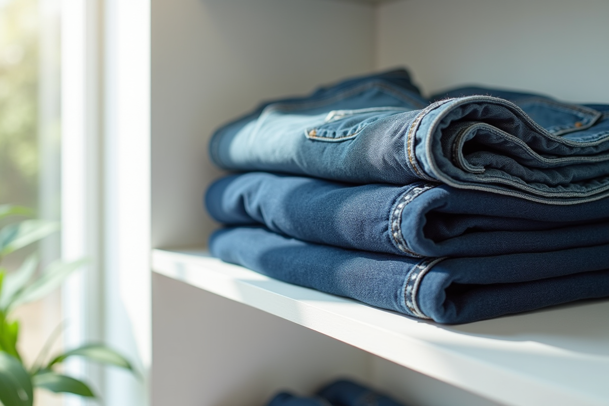 Jeans pliés sur une étagère en bois blanc avec lumière naturelle