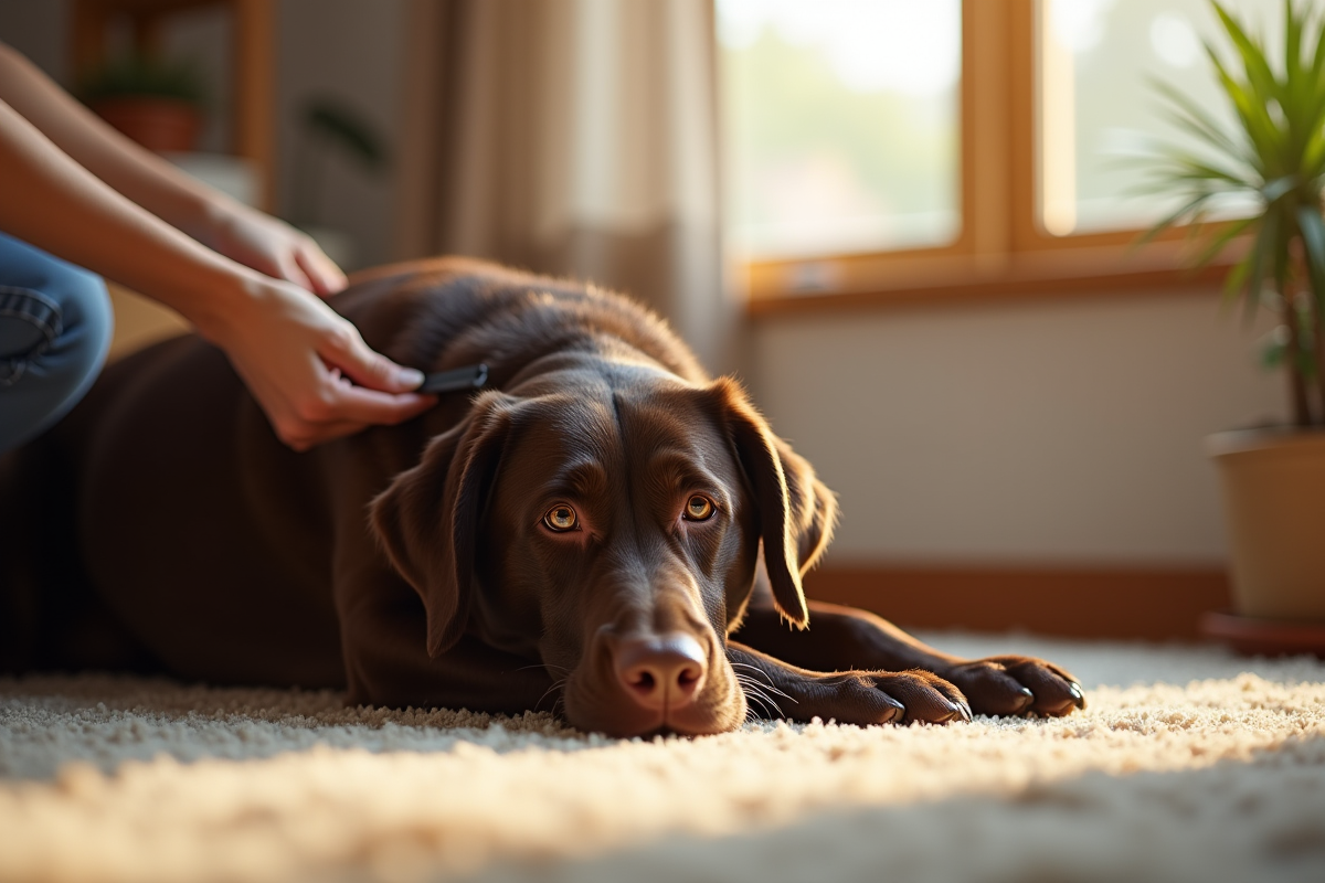 Labrador chocolat se faisant brosser dans un salon chaleureux