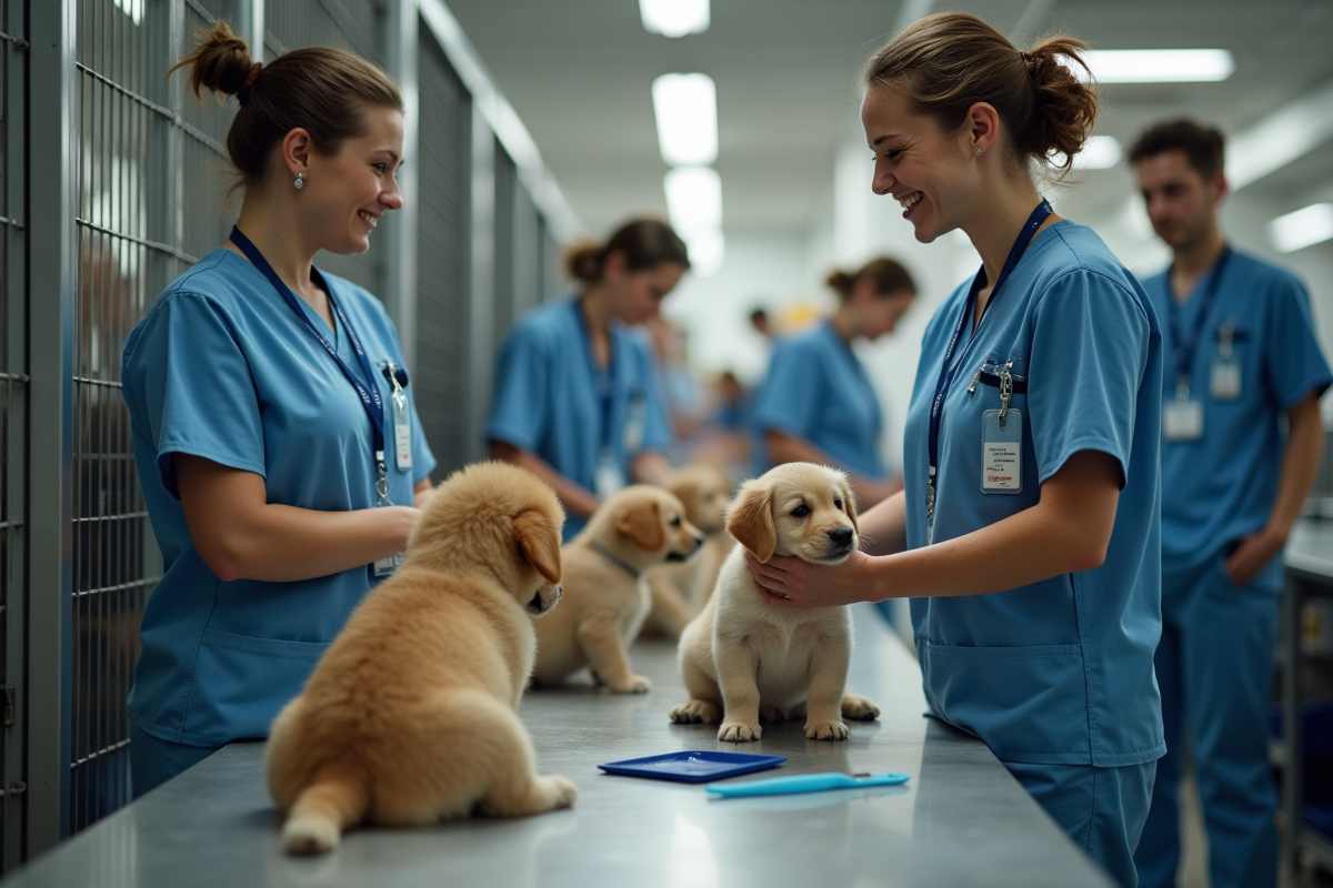 Bénévoles soignant des chiots dans les enclos lors d