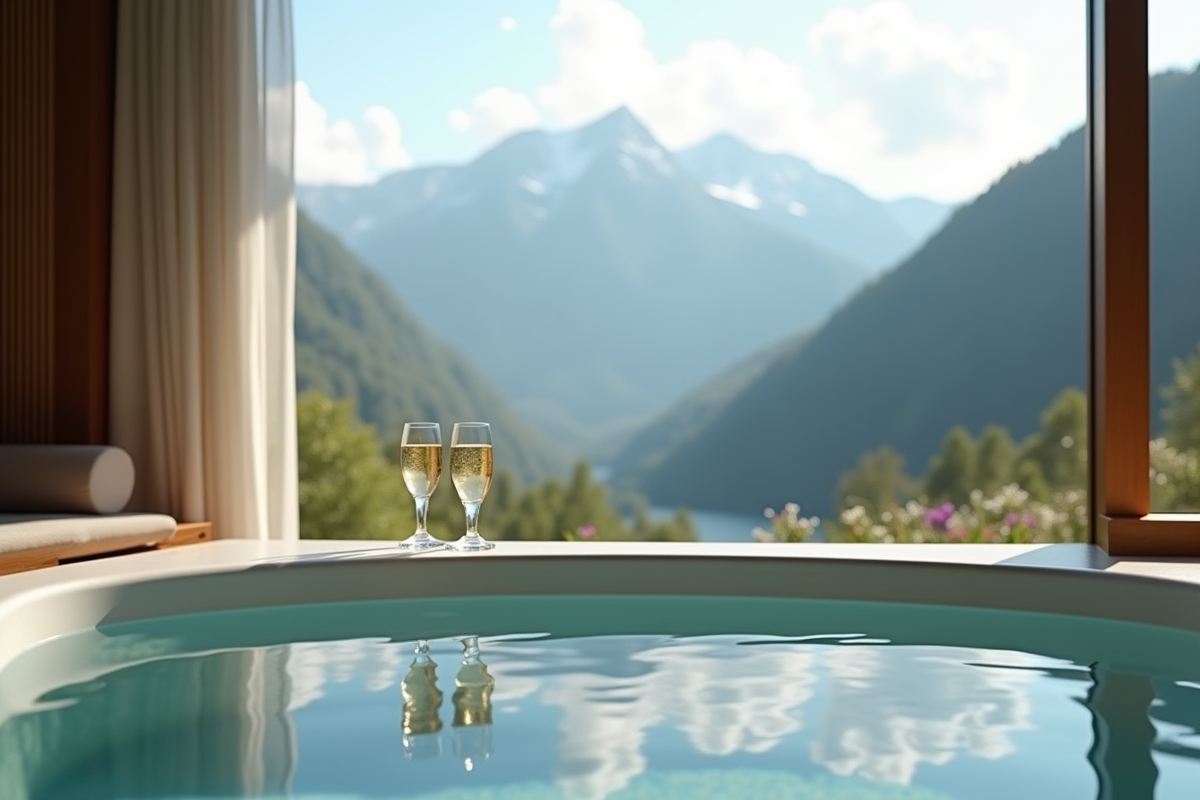 Bain intérieur avec vue sur la vallée de montagne et champagne