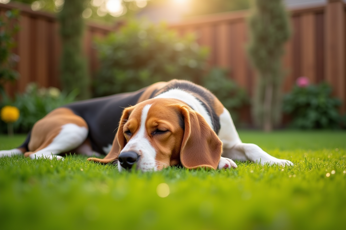 Beagle citron dormant dans un jardin verdoyant au matin