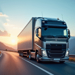 Camion semi moderne de 38 tonnes sur une route de montagne au lever du soleil