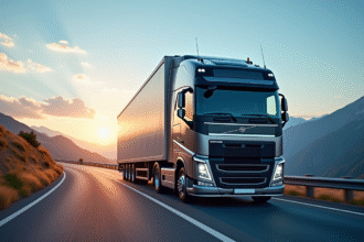 Camion semi moderne de 38 tonnes sur une route de montagne au lever du soleil