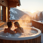 Terrasse de chalet en montagne au lever du soleil avec jacuzzi