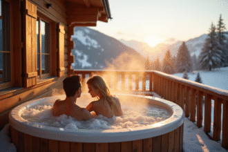 Terrasse de chalet en montagne au lever du soleil avec jacuzzi