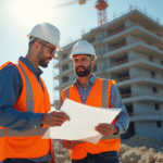 Chantier de construction avec deux ingénieurs en sécurité