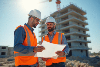 Chantier de construction avec deux ingénieurs en sécurité