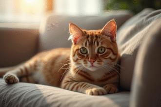 Chat domestique allongé sur un canapé lumineux