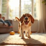 Beagle citron jouant dans un salon ensoleille avec famille