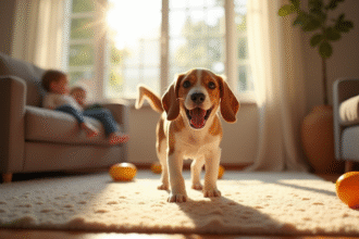 Beagle citron jouant dans un salon ensoleille avec famille