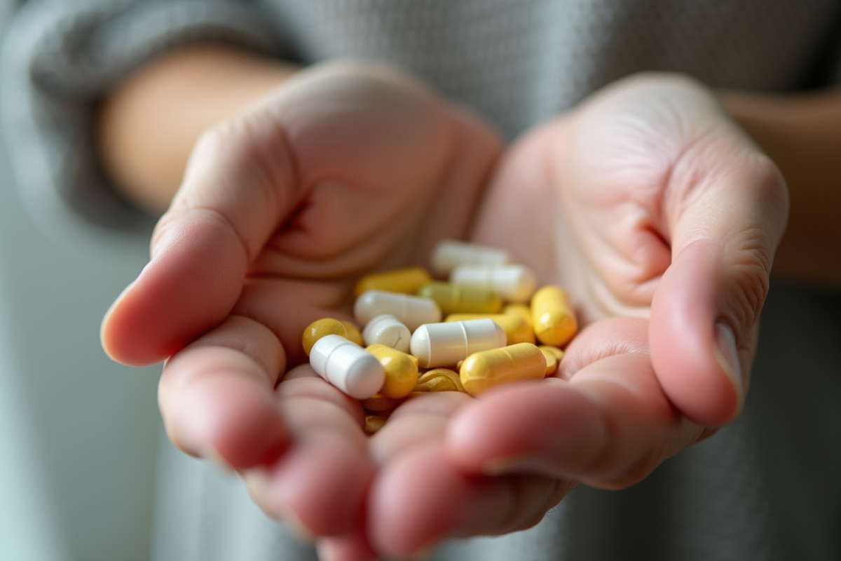 Gros plan sur comprimés de vitamine B dans la main