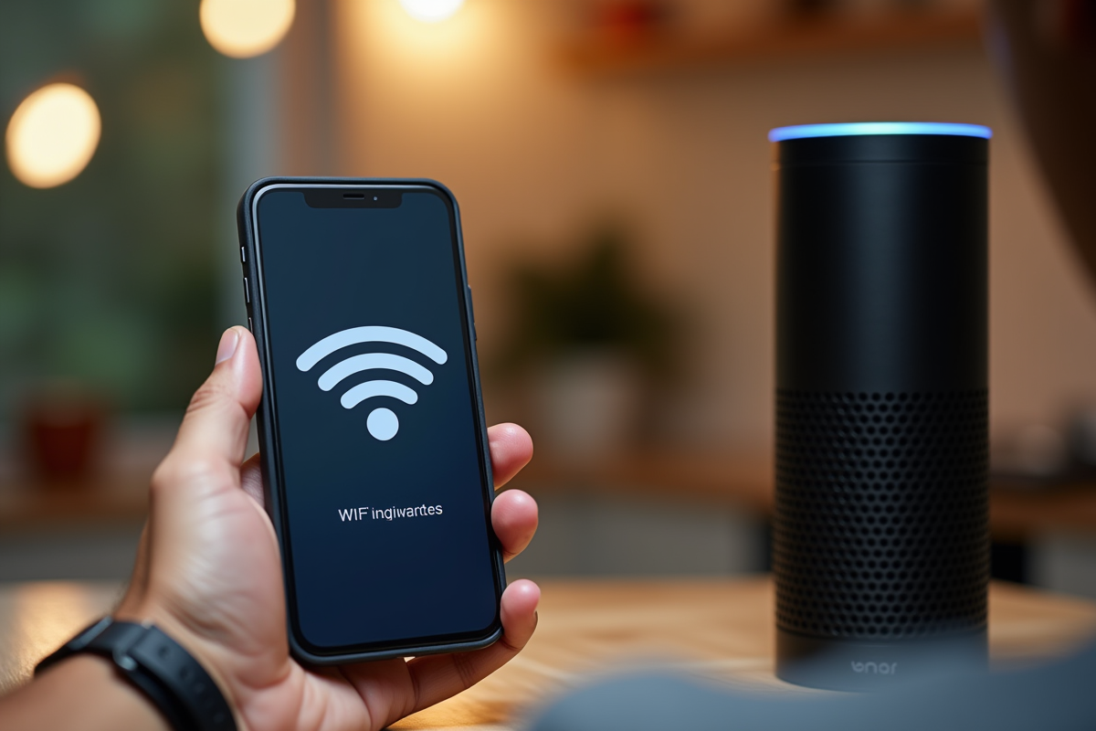 Mains tenant un smartphone avec réglages WiFi et enceinte Alexa