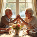 Couple âgé souriant lors de leur anniversaire de mariage