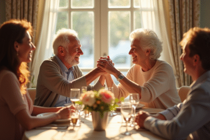 Couple âgé souriant lors de leur anniversaire de mariage