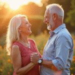 Couple mature souriant en plein air lors de l'heure dorée