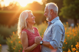 Couple mature souriant en plein air lors de l'heure dorée
