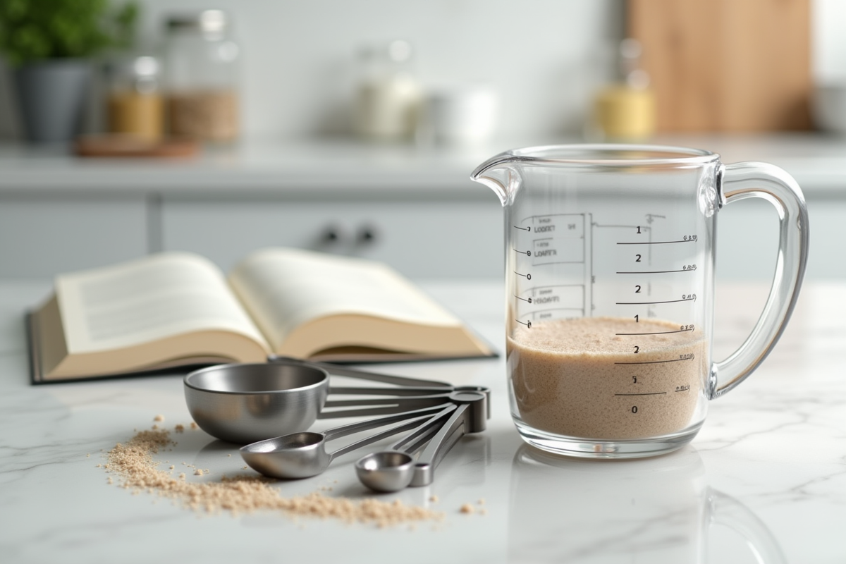 Cuillères et tasses de mesure avec un pichet à liquide et sucre