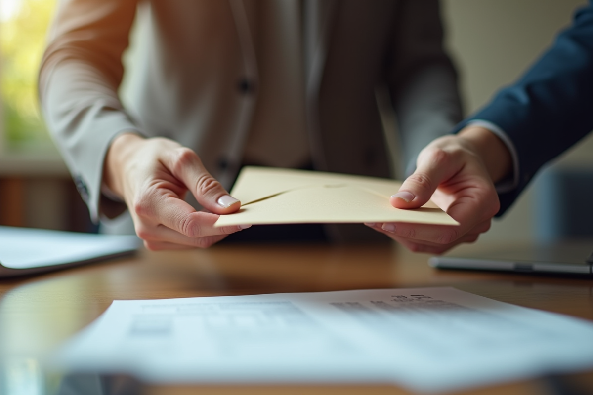 Main échangeant une enveloppe légale sur un bureau en bois
