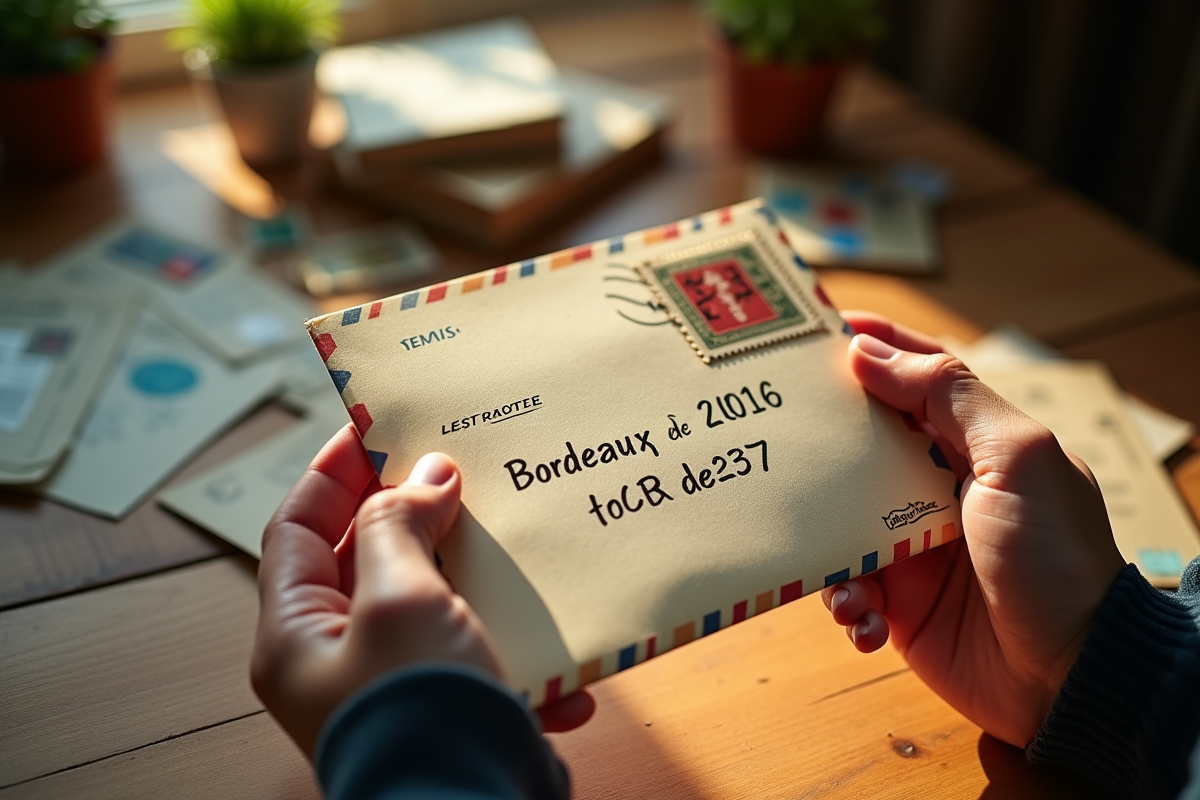 Mains tenant une enveloppe vintage avec code postal de Bordeaux