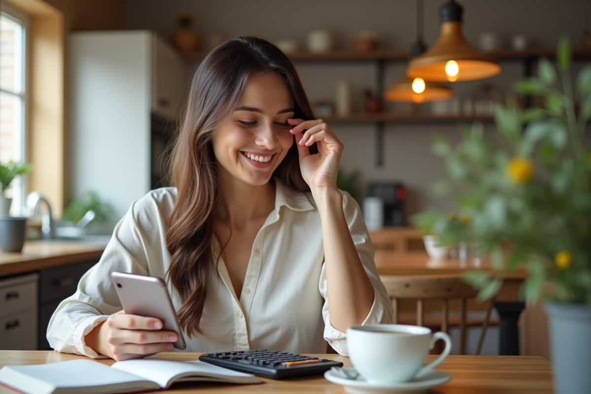 Jeune femme utilisant calculatrice et smartphone matin