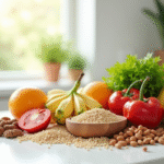 Fruits et légumes frais sur plan de travail blanc
