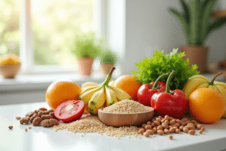 Fruits et légumes frais sur plan de travail blanc