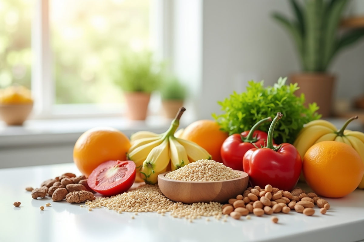 Fruits et légumes frais sur plan de travail blanc
