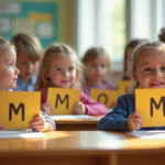 Groupe d'enfants dans une classe lumineuse avec cartes nommées M