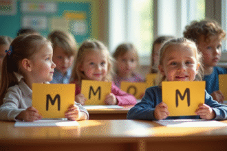 Groupe d'enfants dans une classe lumineuse avec cartes nommées M