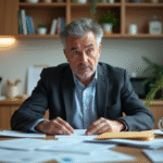 Homme inquiet assis à la cuisine avec papiers et enveloppes