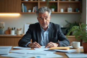 Homme inquiet assis à la cuisine avec papiers et enveloppes