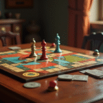 Jeu de Cluedo vintage sur table en bois poli