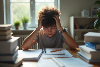 Jeune adulte stressé à son bureau avec livres de compta