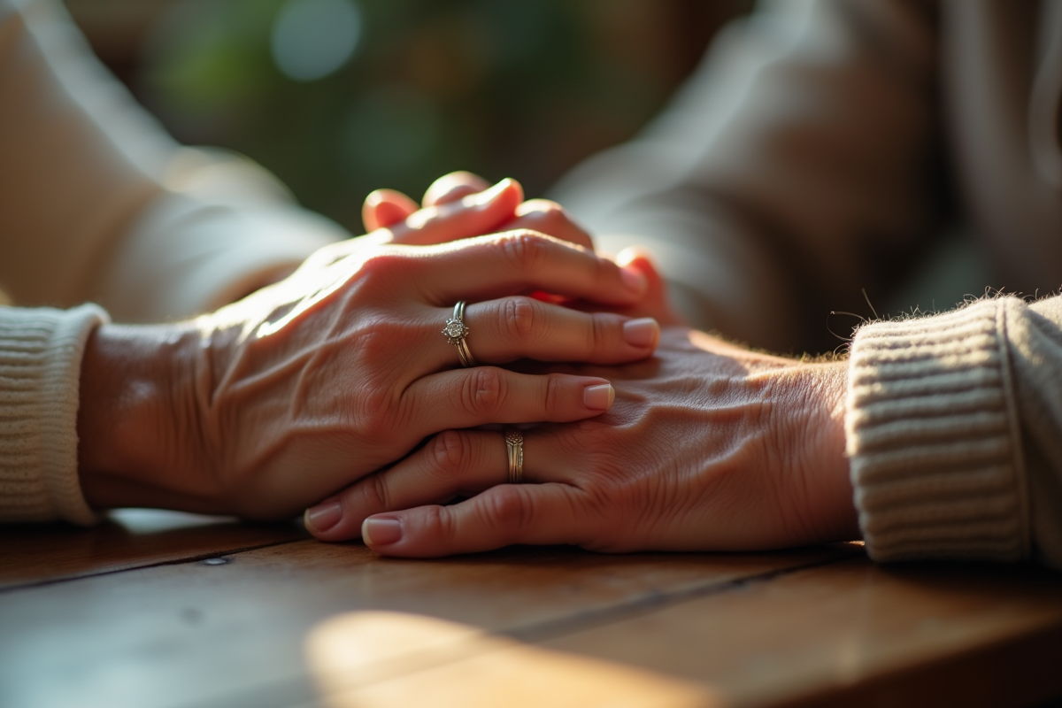 Mains d un couple âgé avec bagues sur table en bois