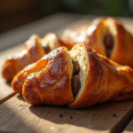 Pain au chocolat doré sur table en bois rustique