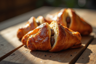 Pain au chocolat doré sur table en bois rustique