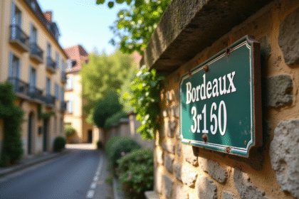 Panneau postal de Bordeaux sur un mur en pierre avec maisons anciennes