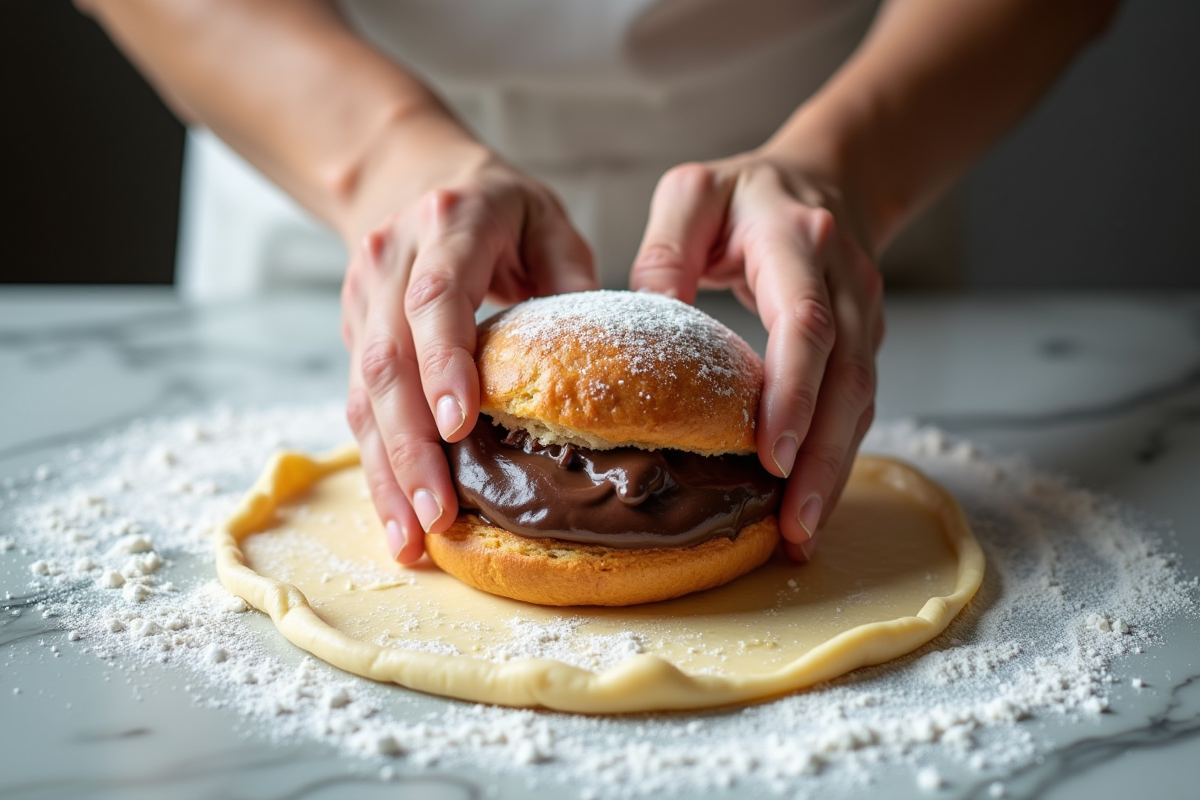 Mains d’un boulanger pliant la pâte pour pain au chocolat
