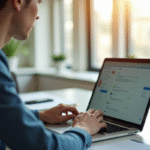Personne travaillant sur un bureau lumineux avec un ordinateur portable